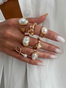 7pcs Set Asymmetrical Baroque Faux Pearl Twisted Flower Textured Open Rings, Multiple Styles Adjustable Wide Band Stackable Rings, Gentle Vintage Atmosphere Accessories, Suitable For Commute Floral Outfit, Girl Daily Wear - Gold - View 3