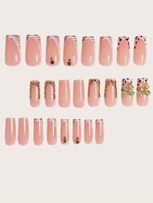 24pcs Long Square Press-On Nails Elegant Gold Glitter Rhinestone Gold Bow Leopard French Full Coverage Nail Art Set With 1pc Jelly Glue And Nail File For Women Daily Dating Shopping Party - Multicolor - View 2