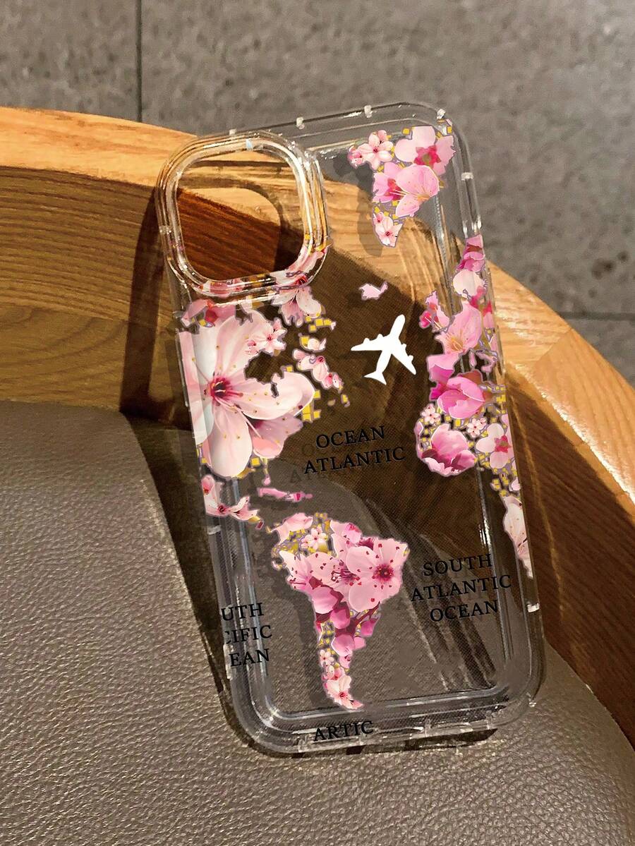 Cherry Blossom America Map Airplane Print Clear Case Compatible With IPhone 11/17/17pro/13/14/15/15pro/15 Plus/15 Promax/16/16pro/16plus/16promax/17Air/13pro/14pro/17Promax/12promax/13promax/14promax/14plus&Compatible With Samsung Galaxy/A54 A14 A15 S23 S24 S24ultra S25 A07 A17 S26 A57 - Multicolor - View 1