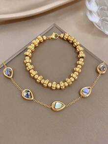 Conjunto de pulsera de cadena con cuentas de calabaza y gota de agua de concha de abalón minimalista, cadena de acero inoxidable apilable para mujer, regalo de joyería para cumpleaños, uso diario y fiestas - Multicolor - Ver 1