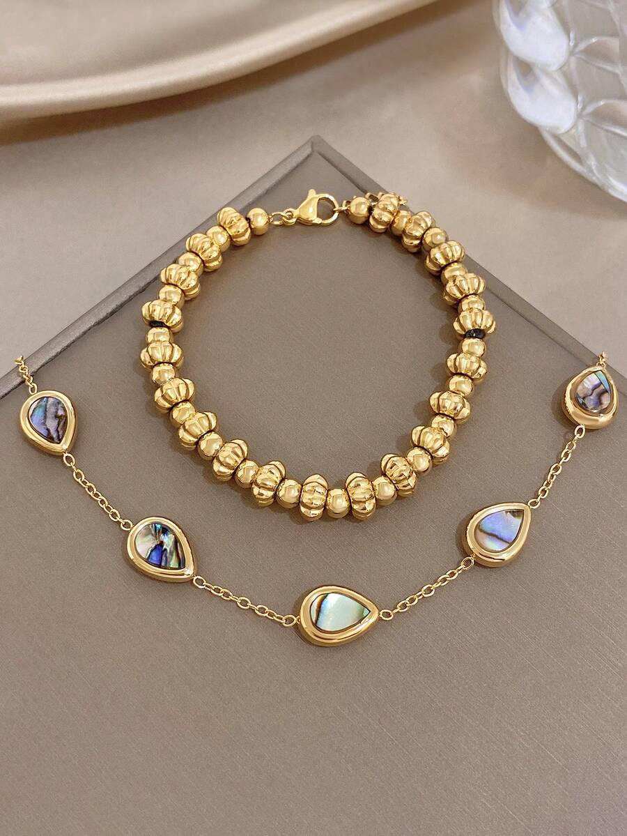 Conjunto de pulsera de cadena con cuentas de calabaza y gota de agua de concha de abalón minimalista, cadena de acero inoxidable apilable para mujer, regalo de joyería para cumpleaños, uso diario y fiestas - Multicolor - Ver 1