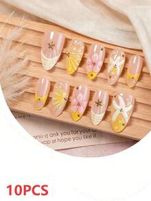 10pcs Short Almond-Shaped Press-On Nails, Fantasy Style Nail Art Stickers For Girls And Women: Cute Pink Starfish, White Seashell, Shiny Gold Star And Pearl, Transparent And Pink Translucent Base | Beach Vacation And Wedding Nail Art - Yellow - View 6