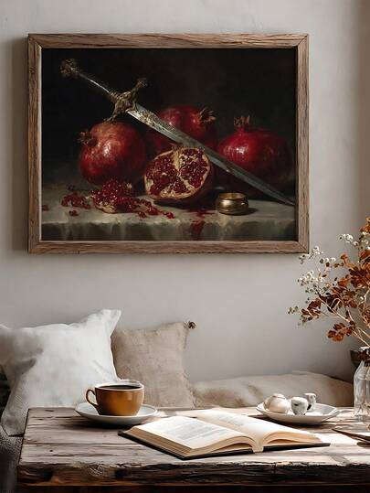 1pc Pomegranate Dark Academia Art, Baroque Sword And Fruit Painting, Cherries Wall Art, Bedroom Decor,LivingRoom Decor,Dorm Decor,Kitchen Decor,Wall Arts,Wall Decor,Home Decor,Room Decor, Canvas Wall Art, Posters,Wall Art With Frame,Optional Frame