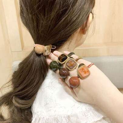New 4-Color Mixed Set, Fashionable And Cute Imitation Amber High-Elastic Hair Ties, Hair Accessories, Women's Ponytail Hair Bun, Rubber Band