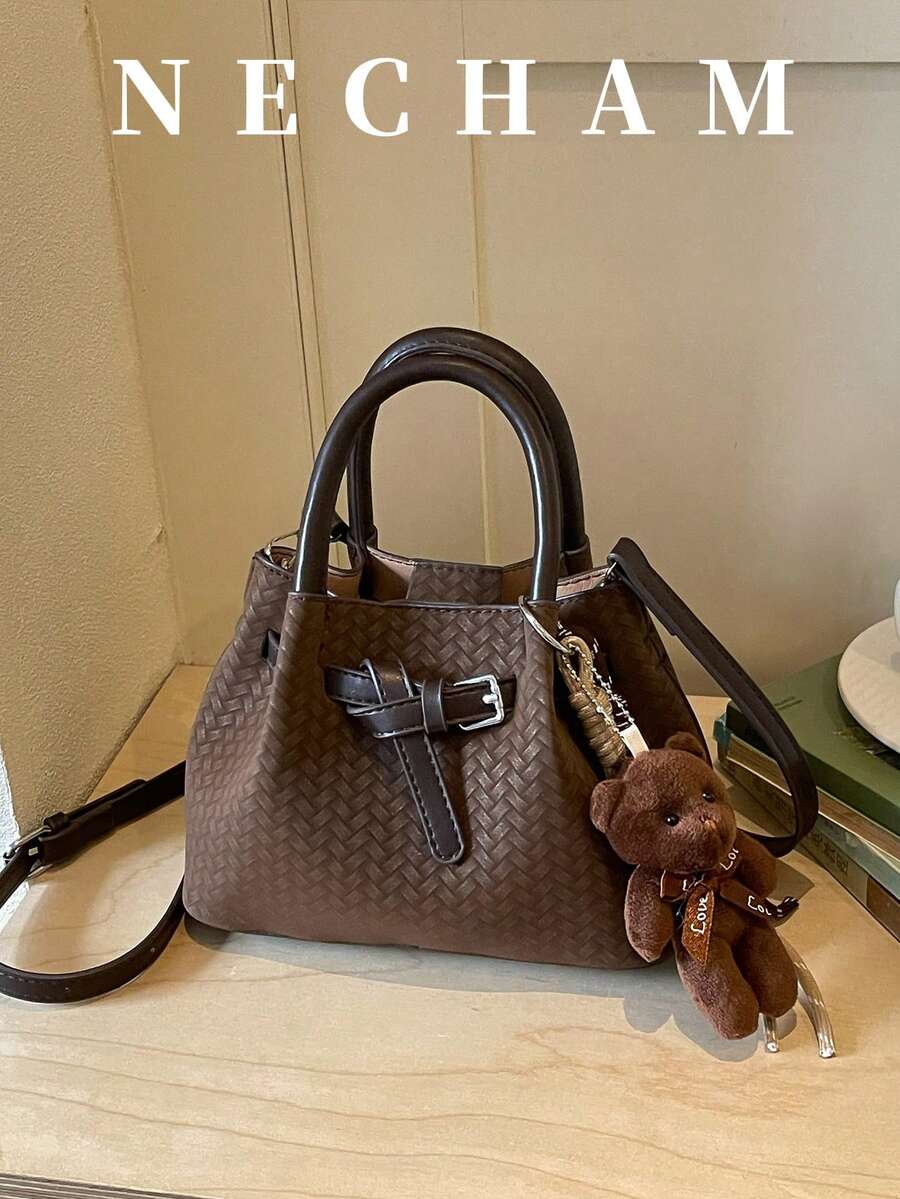 1件小眾設計女款斜挎包,配扣飾對比色,布料與PU材質,適合上班、購物、約會、旅行(不含吊飾) - 咖啡 - 查看 1