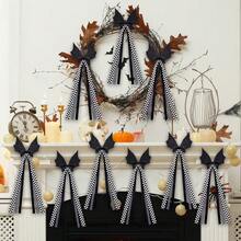 6/12pcs Gothic Halloween Sequin Bat Bows With Black & White Plaid Long Ribbon, Spooky Bat Wing Tassel Hanging Decor, Halloween Party Home Decoration, Suitable For Christmas Tree, Wreath, Garland, Window, Door, Wall Decor, Halloween Cosplay Hair Accessory - Multicolor - View 6