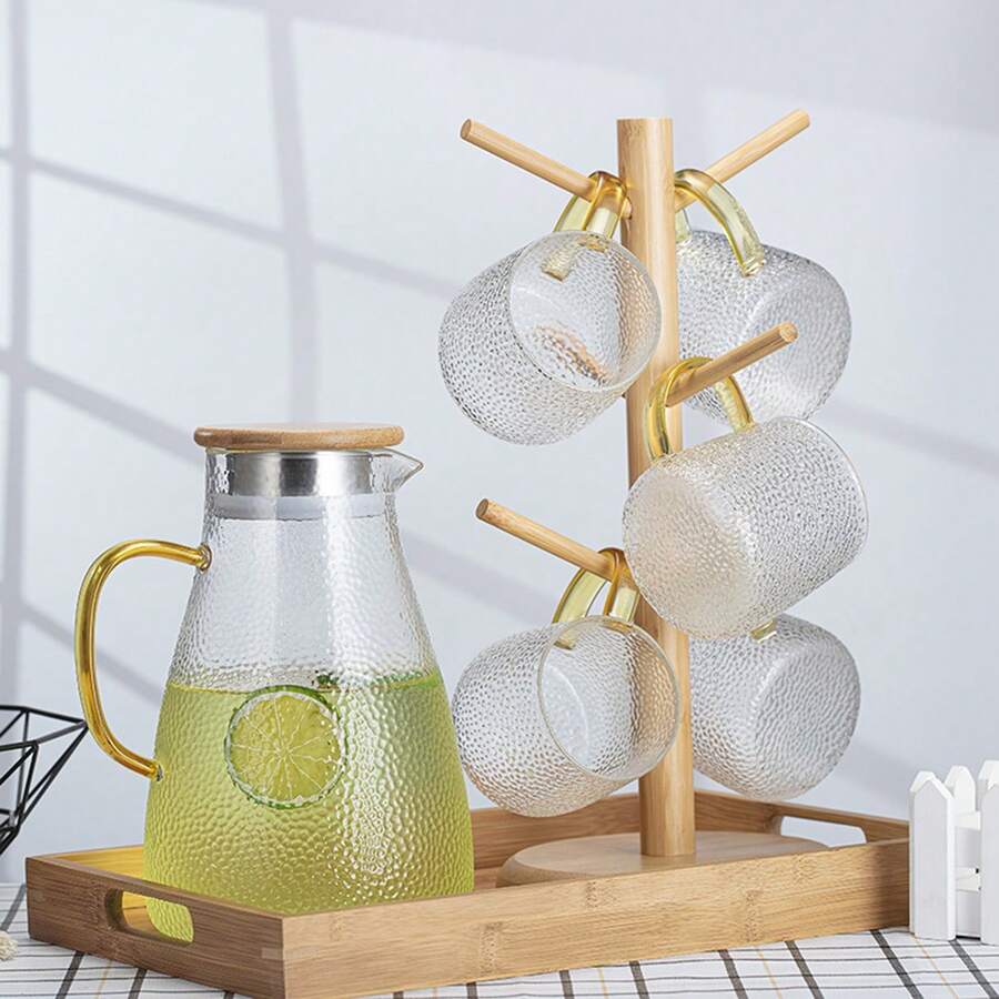 1pc Bamboo Tree-Shaped Cup Holder, 6-Hook Wooden Draining Cup Rack, Vertical Countertop Coffee & Tea Cup Storage Rack, Kitchen Use Natural Bamboo Tree-Shaped Cup Hanging Rack, Minimalist Vertical Coffee Cup & Tea Cup Hanging Rack With Non-Slip Base Cup Storage Rack - Cup Holder - View 1