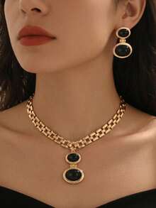 2pcs Minimalist Vintage Creative Wide Chain Geometric Oval Acrylic Pendant Necklace + Earrings Set, Women's Jewelry, Suitable For Daily, Holiday, Party Wear, Gift For Women - Golden Yellow+Black - View 3
