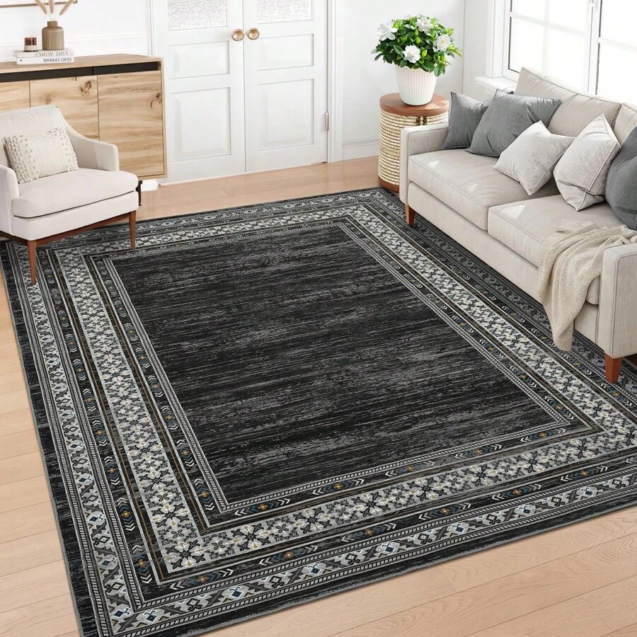 Techigher Modern Washable Area Rug - Non Slip Geometric Bordered Living Room Carpet, Foldable Thin Low Pile Floor Cover For Bedroom, Kitchen, Dining Room - Black - View 1