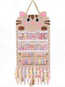 1pc Yellow Tabby Cat Shaped Hanging Storage Bag, Multi-Functional Hair Accessory Organizer, Can Store Hair Clips, Hair Ties And Glasses, Combines Hanging Storage Box And Storage Bag Functions, Suitable For Room Decor, Home Decor, Wardrobe And Dormitory - Yellow - View 9