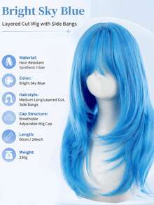 Sky Blue 24 Inch Heat Resistant Synthetic Long Curly Layered Wig With Bangs Women Daily Halloween Party Cosplay Fashion Wig - Multicolor - View 4