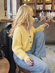 Dripcurv Plus Size Women's Casual Vacation & Commute Solid Color V-Neck Dropped Shoulder Loose Lantern Sleeve Button Front Cardigan, Autumn/Winter - Pale Yellow - View 3