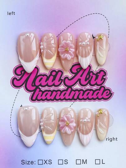 10pcs Handmade Almond Shaped Fake Nails, Y2K Style Press-On Nails, Nude, Pink, Yellow French Design, 3D Pink Flowers Pearl Gold Beads Embellishment, Suitable For Summer Vacation Party, Prom, Daily Wear, Comes With Tool Set, Perfect Gift For Women And Girls