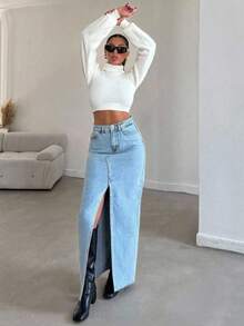 Dark Blue Long Maxi Denim Stretch Slit Slim Fit Normal Waist Women's Jeans Skirt - Baby Blue - View 6
