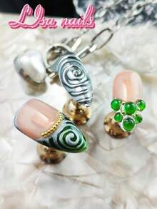 10pcs Handmade Full Cover Almond Shaped Press-On Nails, Silver Hand-Painted Blue Green Water Drop Ripple Pattern Fake Nails, Minimalist Ocean Fresh Y2K Style, Reusable, Suitable For Party, Daily Wear, Cosplay, Includes Jelly Glue And Nail File - Multicolor - View 6