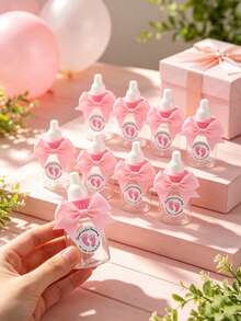 12/6/1 Set - 3.5 Inch Mini Pink Cute Bow Baby Bottle Style Plastic Box, Suitable For Baby Shower Party Decoration, With Pink Footprint Thank You Sticker And Pink Bow Plastic Bottle Style Storage Box Gift Box, Baby Shower Gift, Suitable For Baby Boy And Girl Baby Shower Party Centerpiece Decoration, Gender Reveal Party Tabletop Decoration Small Gift, Return Gift For Guests (Pink) - Pink - View 8