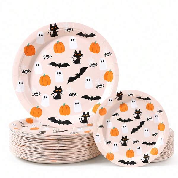 20/30/50pcs 7/9 Inch Pink Halloween Disposable Paper Plates, Cute Ghost Black Cat Pumpkin Bat Spider Web Print, Soft Style Party Tableware, Halloween Party Decoration, Dessert Table, Home Party