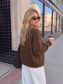 Nicenter Women's Fall‑Winter Vintage Wool Blend Marled Slubby Knit Crew Neck Button Cropped Cardigan Sweater Long Sleeve Basic Tops Fall Clothes For Women - Coffee Brown - View 2