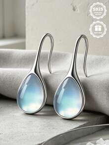 1pc Cool Blue Light Teardrop Synthetic Moonstone S925 Sterling Silver Earrings, Perfect For Daily Wear And Anniversary Gift, Comes With Gift Box. - Silver - View 3