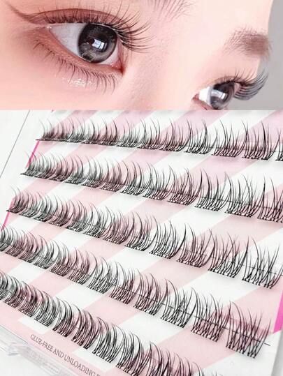 72 Clusters Self-Adhesive Three-Panel Fishtail Segmented False Eyelashes, Beginner Friendly, Built-In Adhesive NoExtra Glue, Soft Light Fibers, Naturally Lengthen Eyes, Ideal For Daily Commute, Dating & Casual Glam Eye Makeup For Lazy Makeup Starters