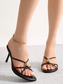 Summer Metal Decor Strap High Heel Sandals, Minimalist Resort Style Thin Heel Mule Shoes,Kitten Heels - Black - View 10