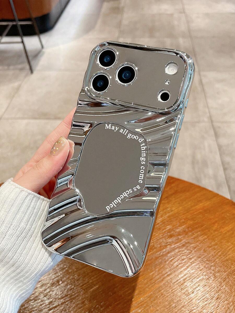 Cute Mirror Element Novelty Cases Silver Electroplated Mirror Phone Shockproof Case With Wave Texture, Aesthetic Accessory Suitable For Daily Use For Women, Compatible With IPhone Case, Case 16 Pro Max, Covers, Cute Phone Case, Cover For 17 /Air / 17 Pro / 17 Pro Max, Compatible With IPhone 11/12/13/14/15 Pro Max/16/16 Plus/16 Pro/16 Pro Max Case, Spring Birthday Gift Party