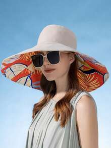 1pc Women's Wide Brim Bucket Hat With Floral Lining, Sun Protection Sun Hat - A - View 7