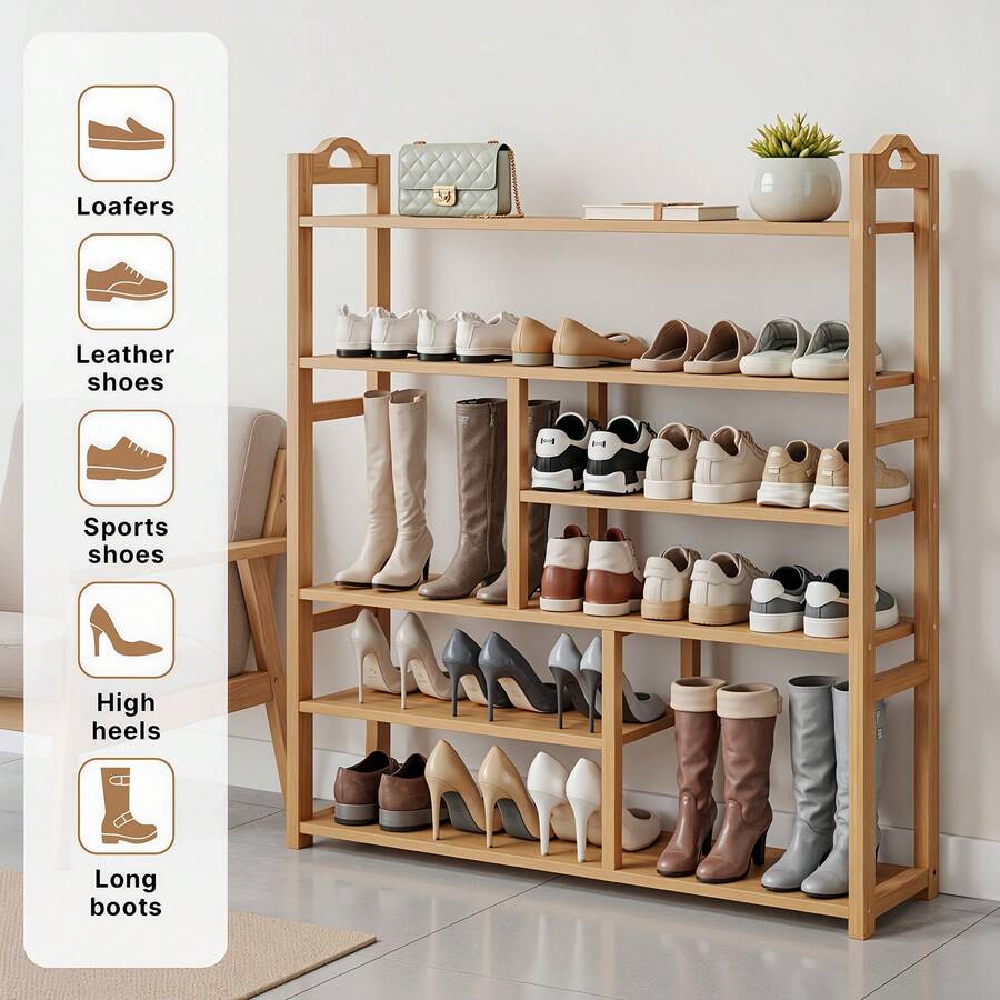 Senmeo Versatile 6‑Tier Bamboo Organizer Rack, Sturdy Freestanding Unit, Holds Various Heights, Ideal For Entryway/Bathroom/Office, Quick Setup, Space-Efficient.