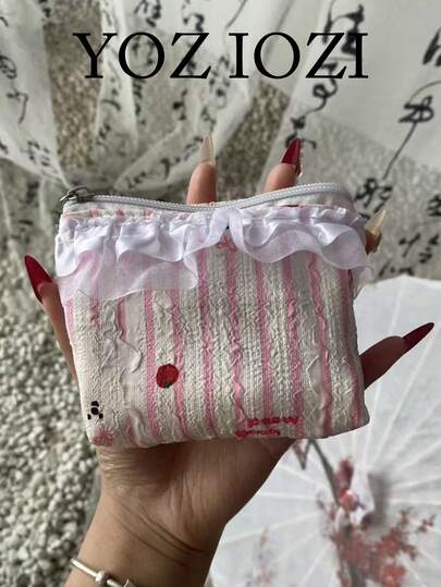 Japanese & Korean Style Niche Design Striped Cute Ins Style Pink Storage Bag Polka Dot Makeup Bag Sanitary Pad Storage Bag Portable For Travel