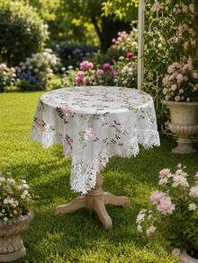 1pc Pink Pattern Embroidered Tablecloth, Lace Trim Decoration, Polyester Fabric, Embroidered Floral Pattern Tablecloth, Rectangular Square Tablecloth, Suitable For Dining Room Living Room Tabletop Decoration - White - View 7