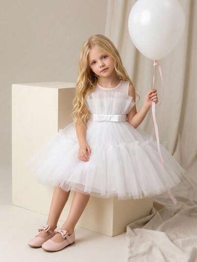 Young Girls Sleeveless Bow Mesh Elegant Princess Tutu Dress Flower Girl Wedding Dress Suitable For Girls Birthday Party, Ball, Holiday Celebration, Flower Girl Wedding Dress