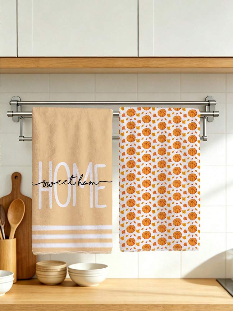 2pcs Autumn Pumpkin & Maple Leaf Pattern Kitchen Towels, Soft Polyester Dish Cloths, Suitable For Kitchen Decor, Kitchen Cleaning, Holiday Party Decoration, Kitchen & Bathroom Supplies, Home Essentials, Home Decor, Housewarming Gift - Multicolor - View 1