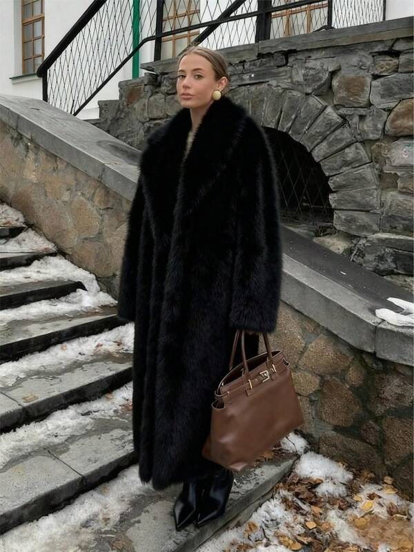 Giolshon Plus Size Mid-Length Faux Fur Coat | Shawl Lapel Collar & Plush Long Pile | Vegan Winter Luxury For Women Curve