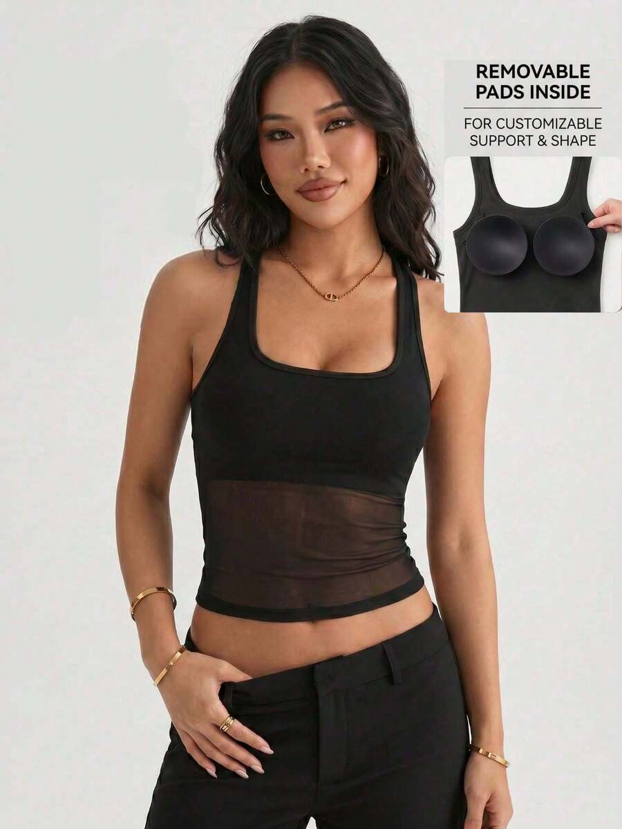 1件春夏女款背心,2合1內置胸墊工字背網紗細肩帶背心,休閒運動瑜珈背心,適合外穿與疊穿 - 黑色 - 查看 1
