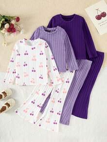 Girls 6pcs Set Fashion Cherry Pattern Ribbed Crew Neck Regular Long Sleeve Top + Solid Color Striped Flare Leg Pants, Casual Outfit For Autumn/Winter, Perfect For Outdoor Wear - Multicolor - View 1