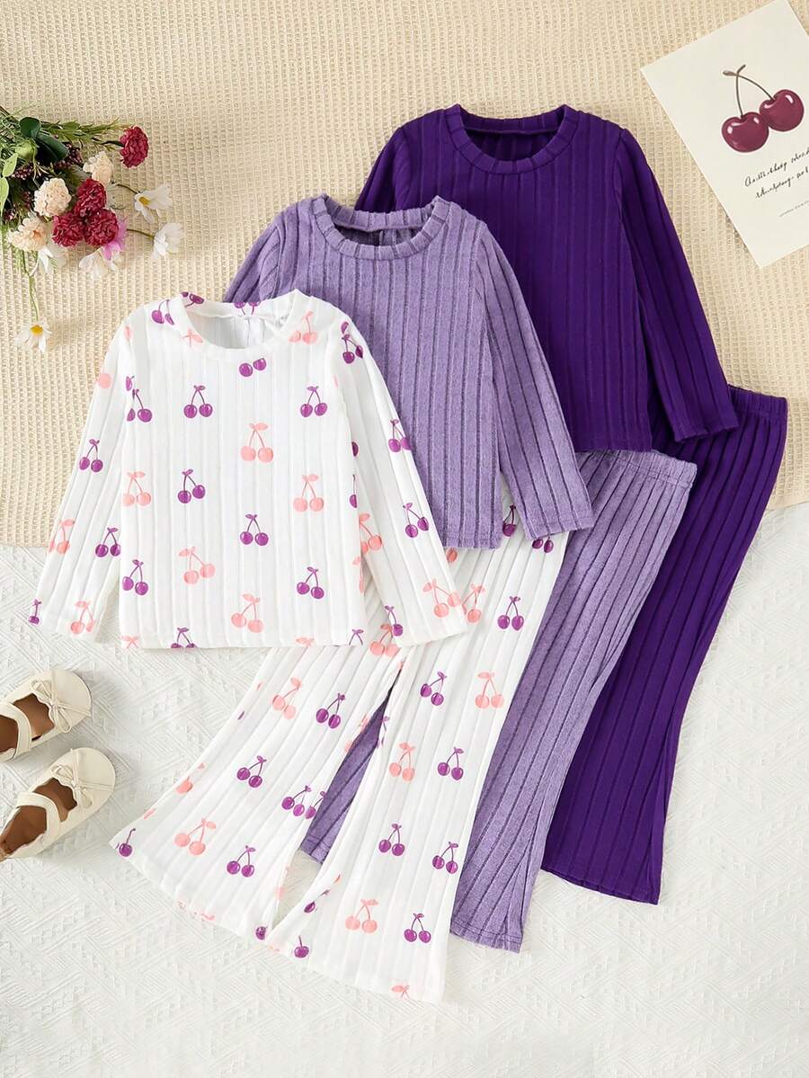Girls 6pcs Set Fashion Cherry Pattern Ribbed Crew Neck Regular Long Sleeve Top + Solid Color Striped Flare Leg Pants, Casual Outfit For Autumn/Winter, Perfect For Outdoor Wear - Multicolor - View 1