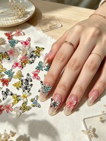 50Pcs Colorful Leopard Print 3D Resin Butterfly Nail Charms, Inlaid Shiny Crystal Spotted Butterfly Nail Art Decorations,Multicolor Transparent Butterfly Ornaments For Nail Tips,Phone Cases,DIY Crafts, Korean Sweet Cute Style Handmade Nail Accessories