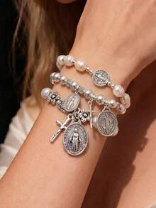3pcs Religious Cross & Virgin Mary Faux Pearl Bracelet Set, Daily & Holiday Matching, Jewelry Gift, Religious Gift - Multicolor - View 2