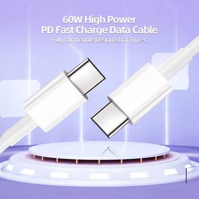 Kabel USB C ke USB C 60W Warna Putih, Kompatibel dengan 2023 Pro, Air M1, Galaxy Tab S7, dan Laptop/Tablet USB C Lainnya
