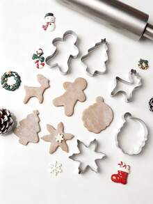 12 piezas Moldes de galletas de acero inoxidable con diseños de dibujos animados navideños, herramienta de repostería para presionar, molde circular para mousse, molde de galletas, muñeco de nieve, árbol de Navidad, hombre de jengibre, copo de nieve, ciervo, molde de galletas de Papá Noel, herramienta de repostería, pequeña herramienta de cocina - Multicolor - Ver 4