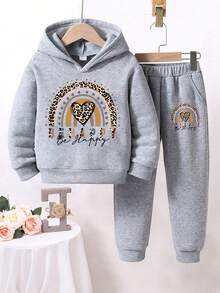 Girls' Letter Print Warm Hoodie And Sweatpants - Grey - View 1