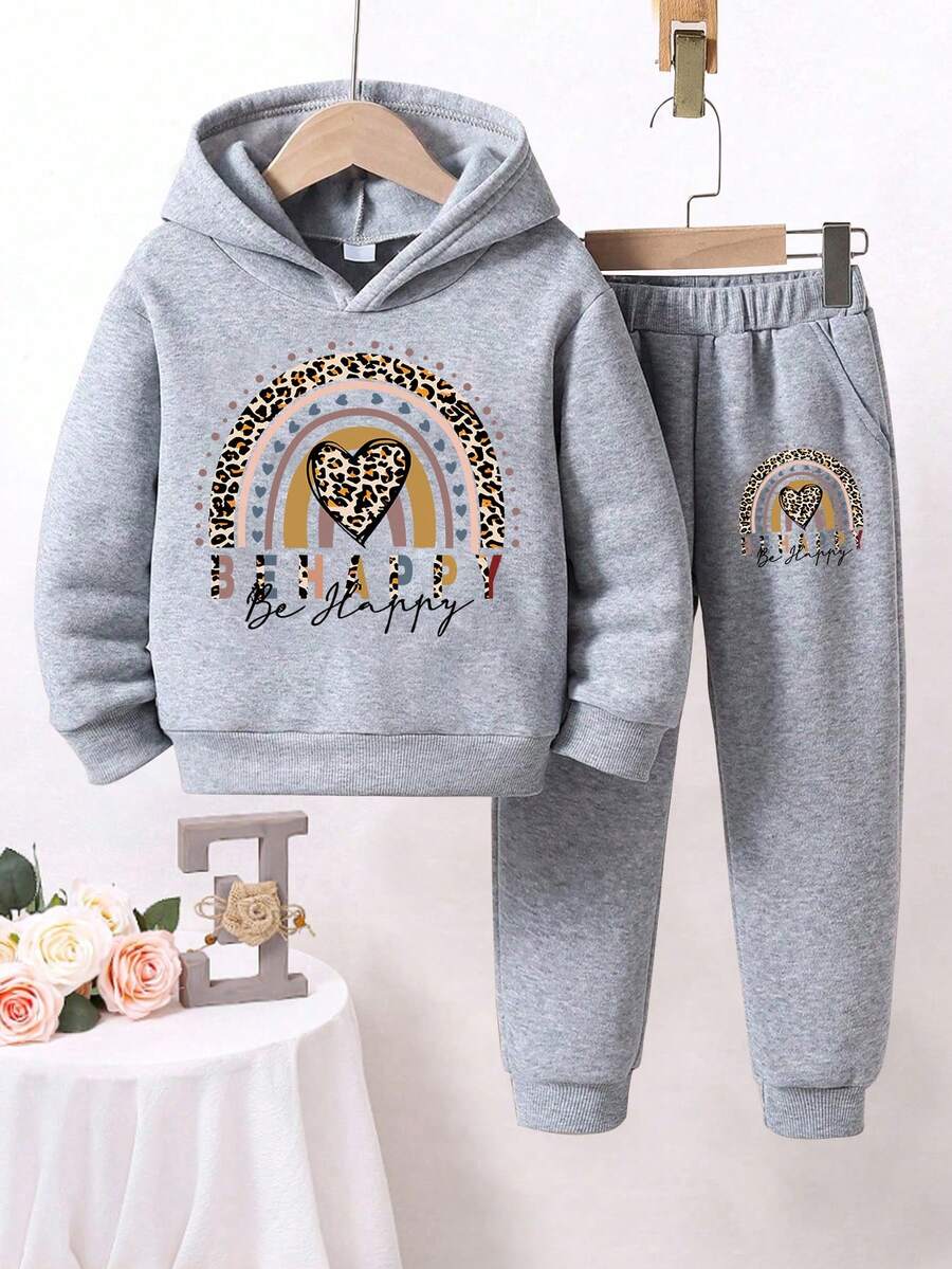 Girls' Letter Print Warm Hoodie And Sweatpants - Grey - View 1