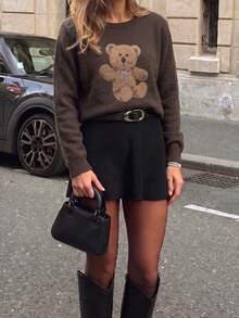 Women's Bear Pattern Casual Daily Wear Knit Top - Brown - View 7