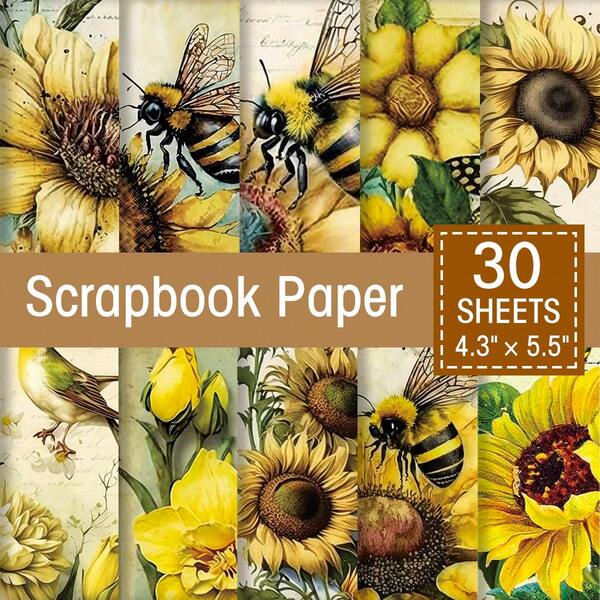 30pcs Vintage Plant Flower Scrapbook Paper Pad, Sunflower & Honeybee Decor Material Paper, Scrapbooking Papers, Scrapbook Cuts Flowers, Journal Embellishments, Decoupage Scrapbooking Junk Journal For Gift And Card Making Supply