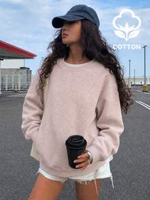 女款粉色紋理棉質圓領衛衣，寬鬆落肩長袖套頭衫，酷女孩秋季街頭風 - 粉色 - 查看 3