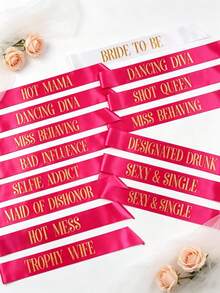 Bachelorette Party Sash Set With Veil, 11pcs & 10pcs Sash Set, Suitable For Wedding Party And Team Use, Can Be Used As Bride Gift Or Wedding Decoration, Also Suitable For Bride Gift Ceremony. Suitable For Bachelorette Party, Wedding, Bride-To-Be Outfit And Accessories - Multicolor - View 2