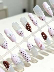 10pcs French Polka Dot Lace Sweet Rabbit Applique False Nails, Pink Brown Bow Cute Cartoon Style, Suitable For Wedding, Date, Party And Daily Wear, Each Piece Comes With 4pcs Tool Set: Jelly Glue, Nail File, Wooden Cuticle Pusher, Alcohol Cotton Pad - Hot Pink - View 4