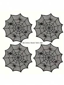 1pc Halloween Black Lace Spider Web Round Placemat, Polyester Knitted Waterproof Table Mat, Perfect For Spider Theme Western Dining, Heat-Resistant Non-Slip Table Mat, Restaurant Kitchen Home Dining Table Decor, Halloween Ghost Party Gathering Dinner Table Arrangement, Fireplace Decor, Holiday Photography Props, Holiday Gift - Multi-color - View 7