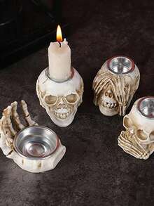 3pcs Halloween Skeleton Hand Candle Holder, Eerie Decor, Suitable For Halloween, Escape Room, Puzzle Games, Movie Props, Create Holiday Atmosphere, Tabletop Decoration, Candle And Aromatherapy Base - Skull Candle Holder - View 2