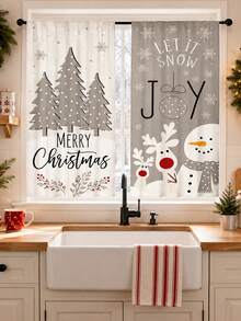 2pcs Gray Tone Minimalist Reindeer Snowman Christmas Tree Christmas Print Curtains, Rod Pocket Polyester Fabric, Simple Line Pine Tree Red Berry Snowflake Holiday Text Full Print, Nordic Cold Style Quiet Winter Christmas, Machine Washable, Kitchen Living Room Bedroom Decor Window Treatment - Multicolor - View 7